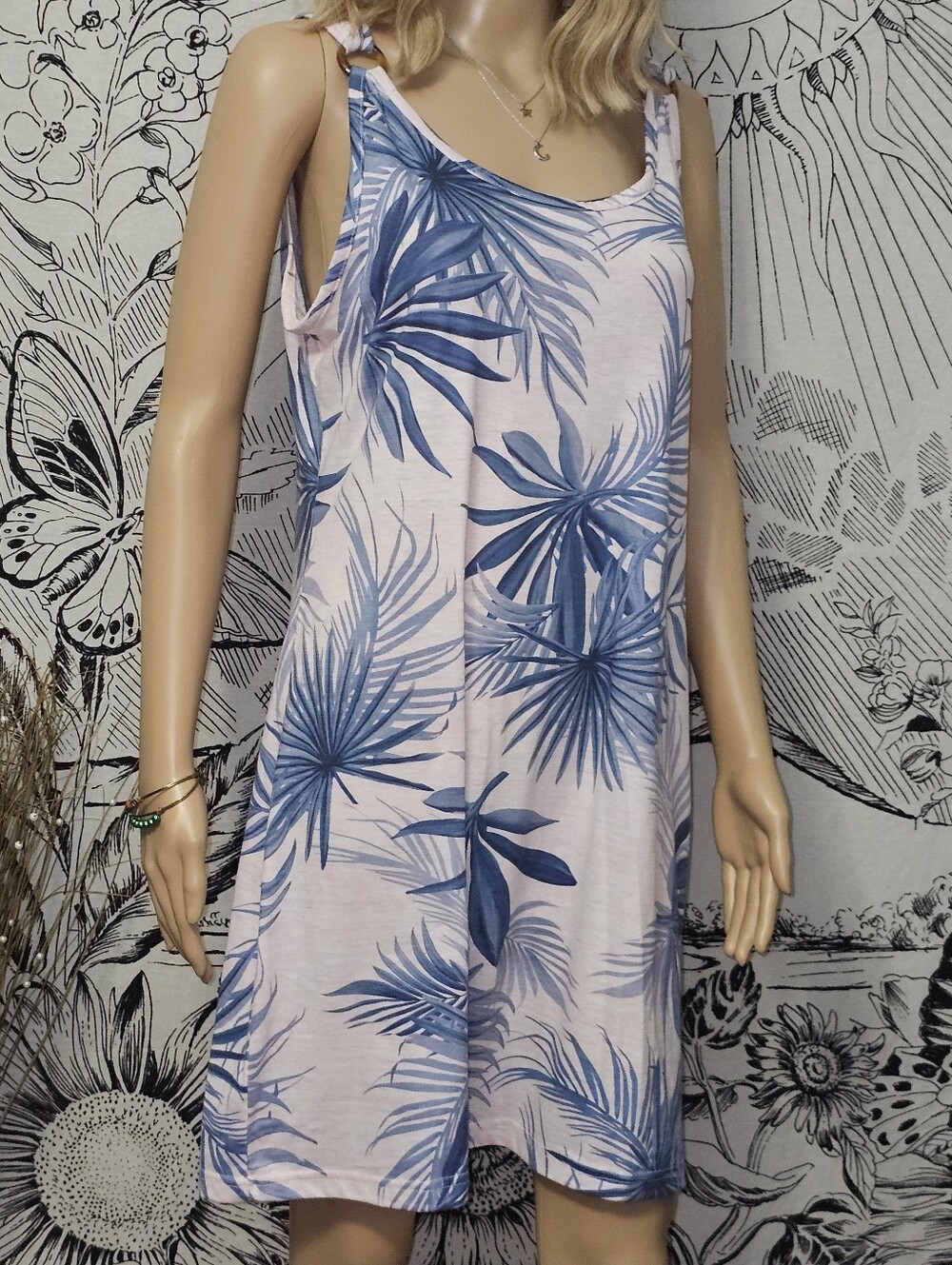 Reel Life Blue Palm Print Sleeveless Beach Dress Sz Medium